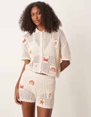 ASOS DESIGN co-ord knitted shorts with sea life embroidery in cream | ASOS (Global)
