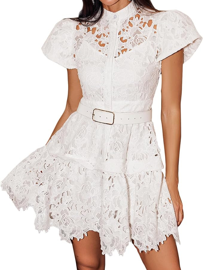 BELLA BARNETT White Lace Dress Mock Neck Corset Dress Mini Boho Dress | Amazon (US)