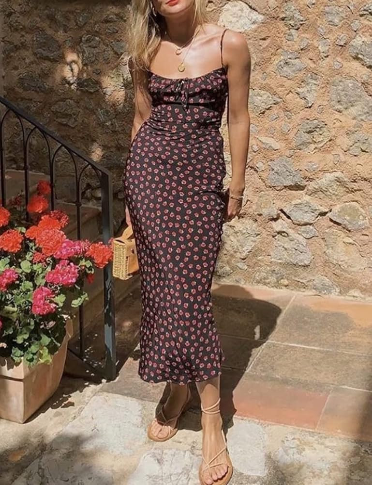 Omoone Womens Floral Dress Low-Cut Square Neck Spaghetti Strap Tie Bodycorn 90s Y2k Sun Dresses | Amazon (US)