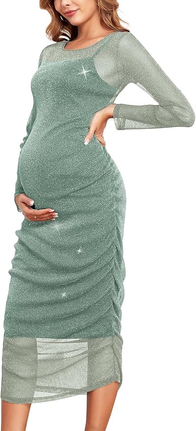 CYCLAMEN 2024 Maternity Mesh Dress Ruched Side Round Neck Pregnancy Dresses Baby Shower Wedding G... | Amazon (US)