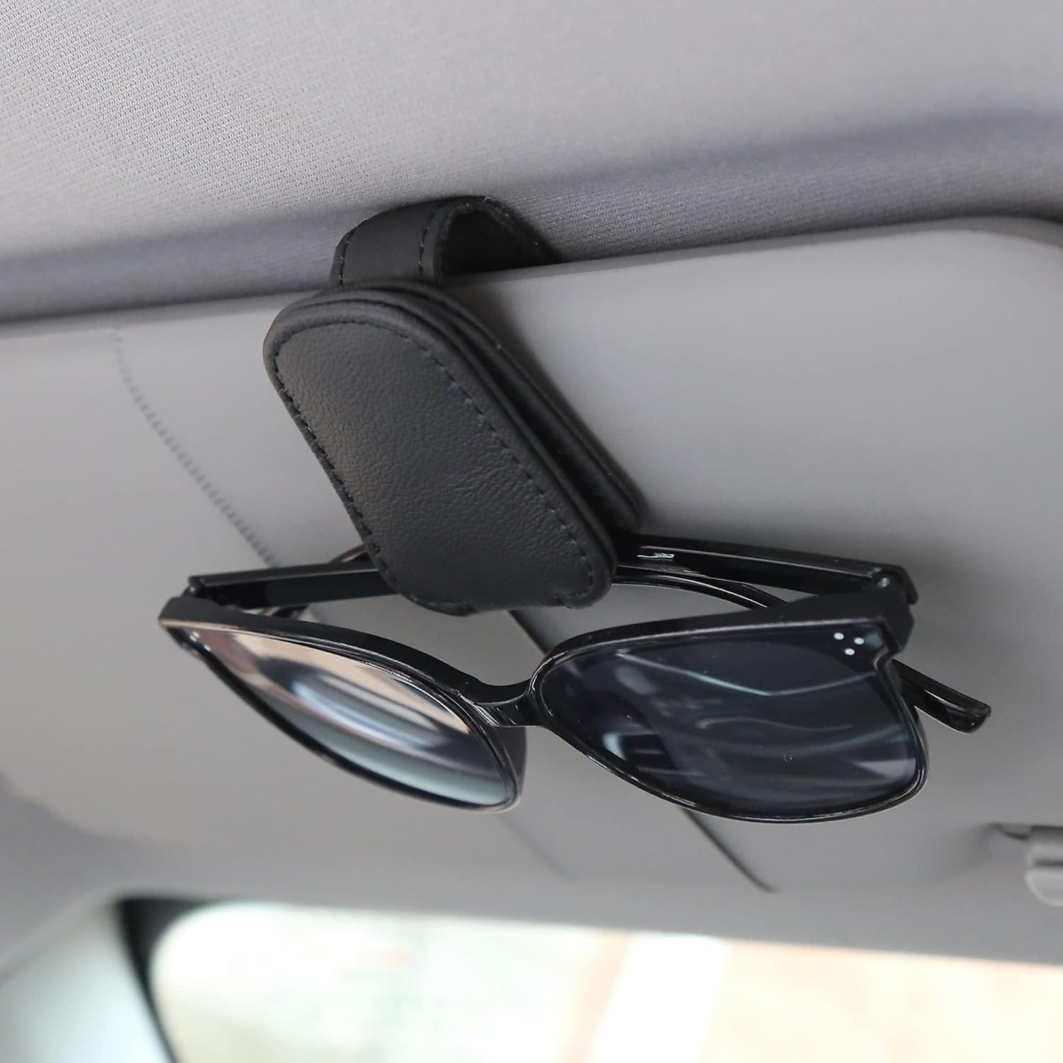 KIWEN Sunglasses Holders for Car Visor, Magnetic Leather Glasses Eyeglass Clip for Car, Ticket Card Clip Sunglasses Mount, Car Visor Accessories Gadgets (1, Black) | Amazon (US)