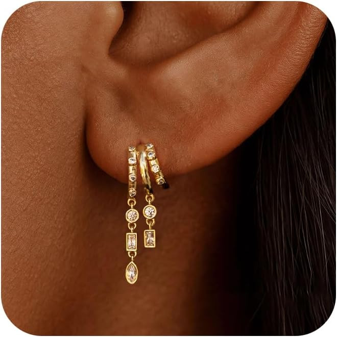 Dangle Earrings for Women,14k Gold Plated Triple Huggie Stud Earrings Cute Statement Chain Earring Dainty Drop Earrings for Women Trendy Gold Plated Jewelry | Amazon (US)