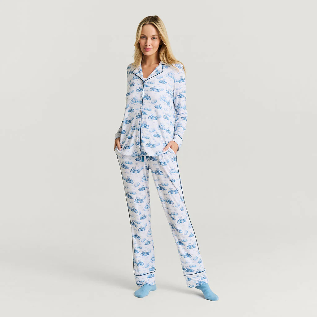 Tractor Blue Long Sleeve Hudson Women's Luxe Pajama Pant Set | Posh Peanut® | Posh Peanut