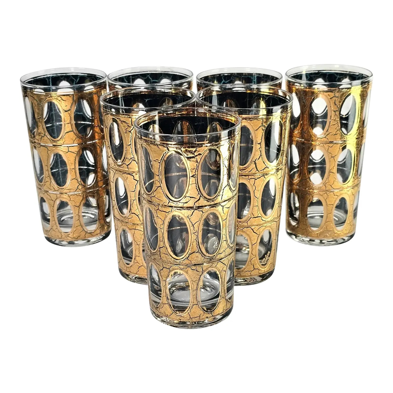 Culver Piza Skyball Highball Glasses Gold Crackle Tumbler Set of 7 | Chairish