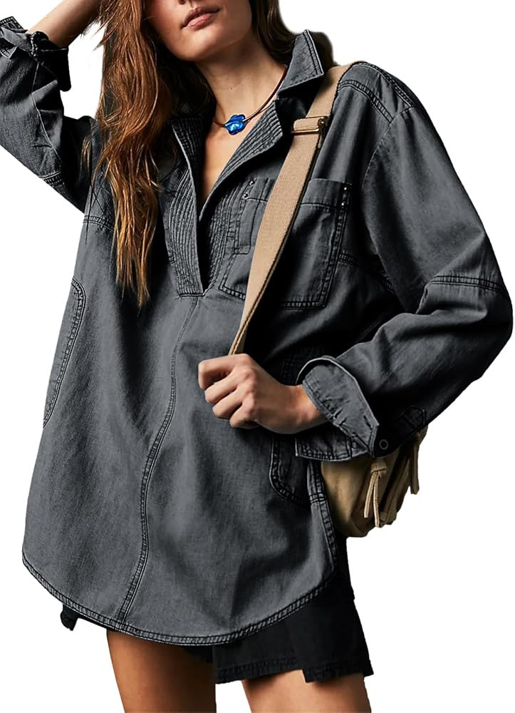Fazortev Women's Denim Pullover Casual Button V Neck Blouse Loose Fit Long Sleeve Jean Jacket Wit... | Amazon (US)