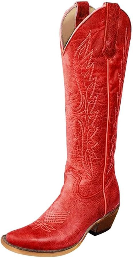 Gradinery Womens White Cowgirl Boots Fashion Over the Knee Boots With Classic Embroidery Chunky H... | Amazon (US)