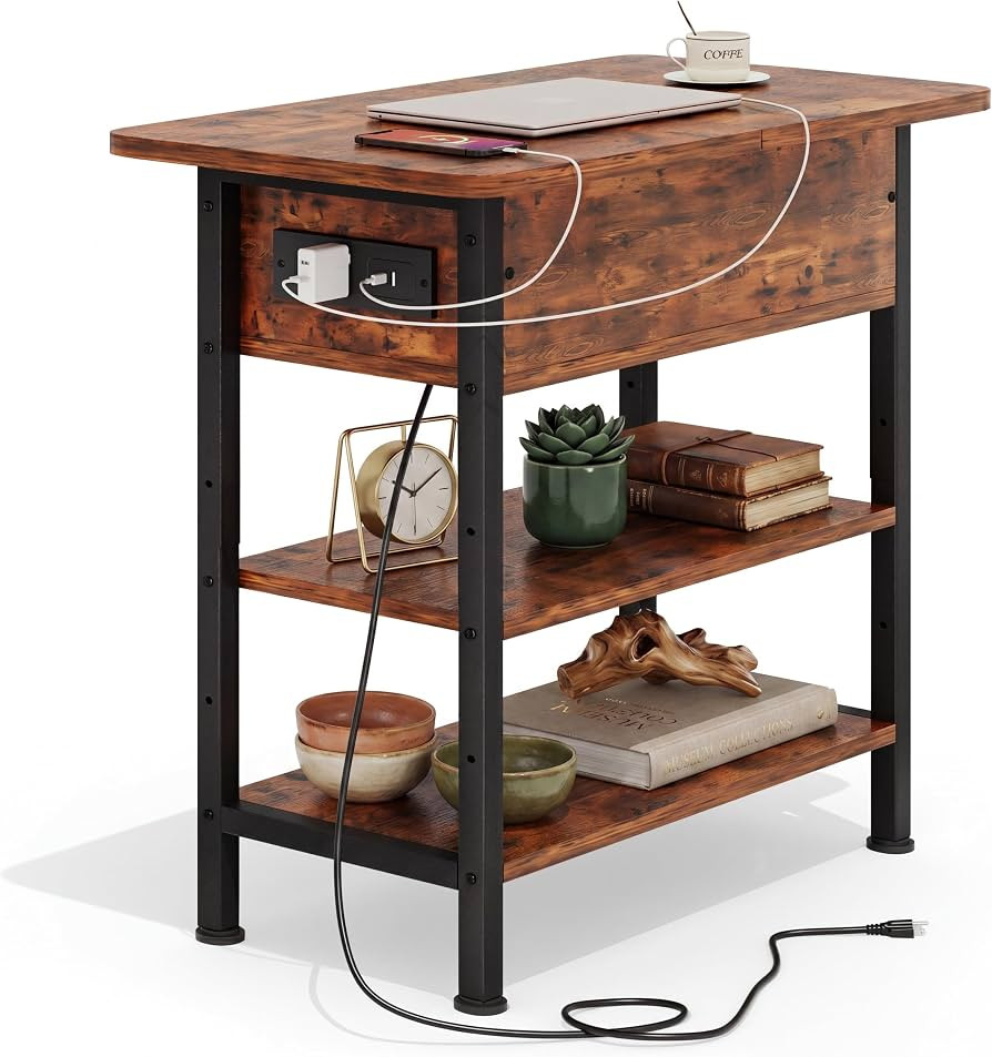 GRUSIGN End Table with Charging Station, Flip Top Side Table with USB Ports and Outlets, 3-Tier S... | Amazon (US)