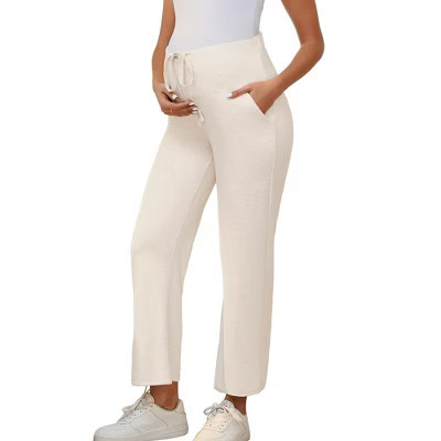 INSPIRE CHIC Women Maternity Lounge Pants Over Belly Wide Leg Casual High Waisted Lounge Pants With Pockets Small Beige | Target