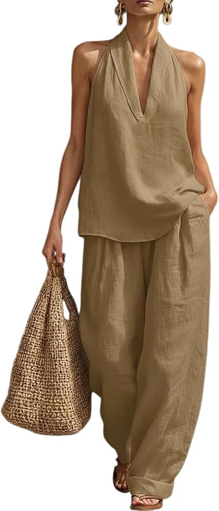 Womens Casual Linen 2 Piece Set Halter V Neck Sleeveless Top and Wide Leg Pants Summer Outfits fo... | Amazon (US)
