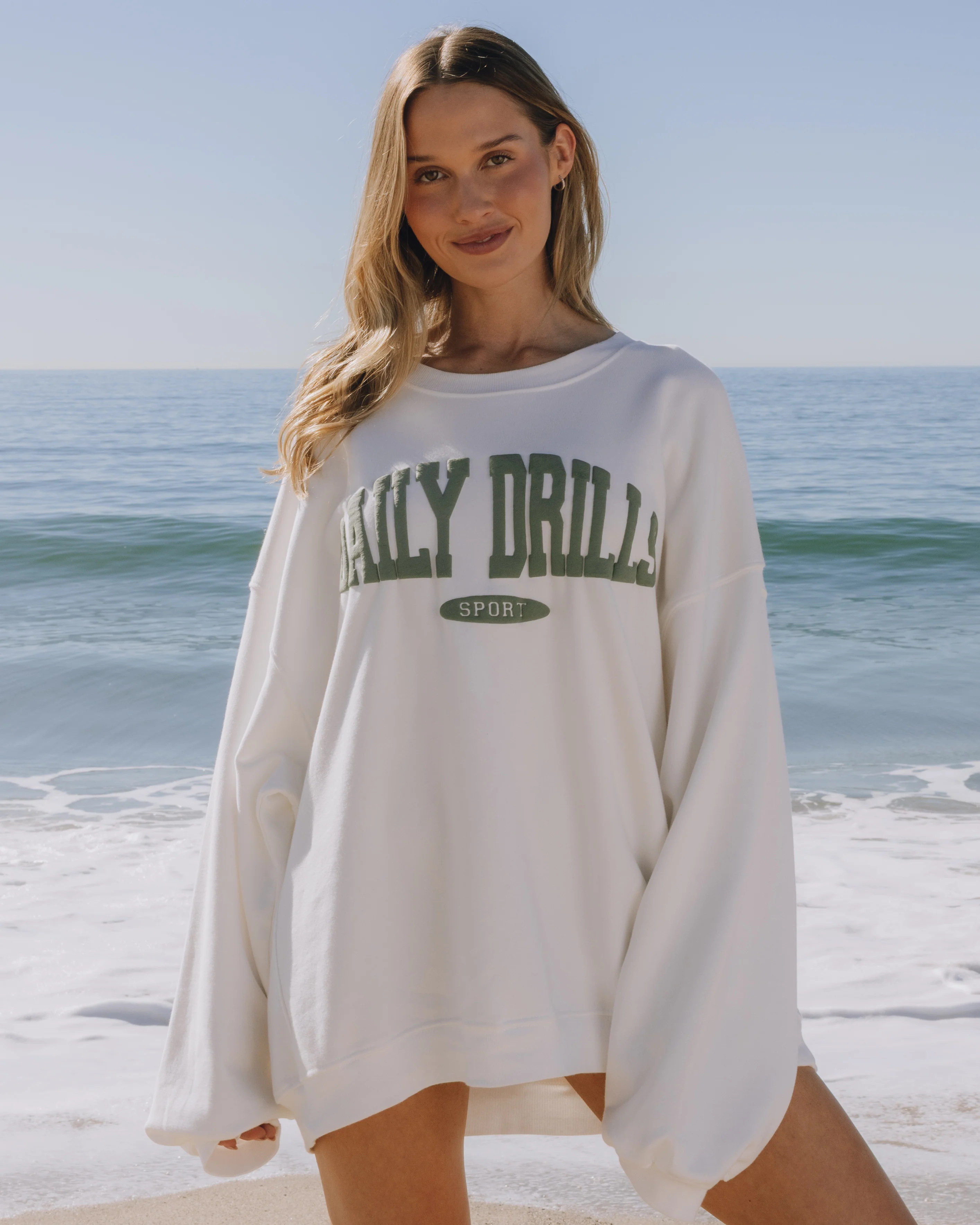 Oversized Sport Crew - Raw White with DD Green | Daily Drills LLC