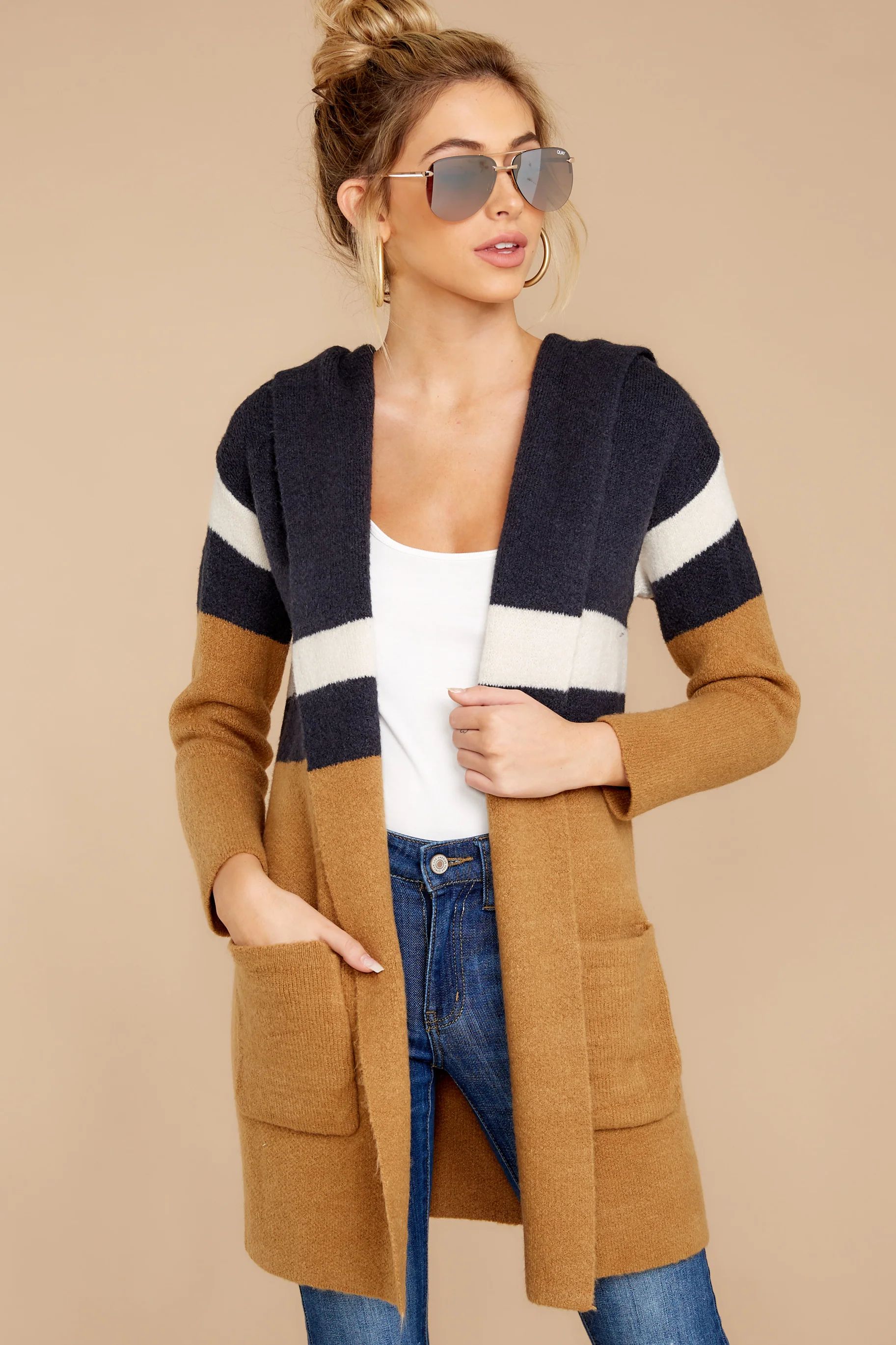 Early Morning Camel And Navy Striped Cardigan | Red Dress 