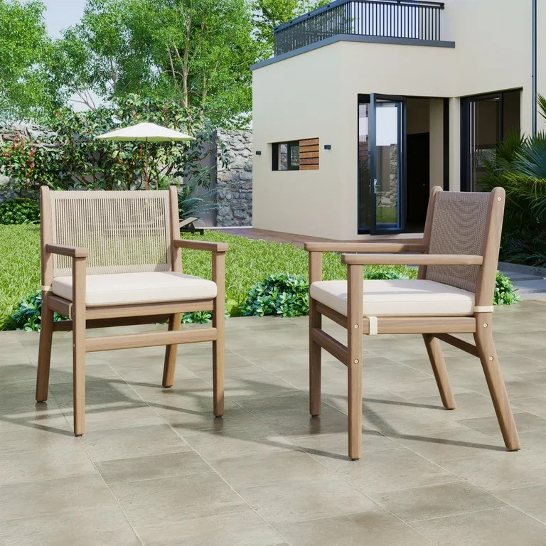 Clara Classic Solid Wood Outdoor Patio Dining Chairs with Rope Backrest, Removeable Cushions, Lig... | Walmart (US)