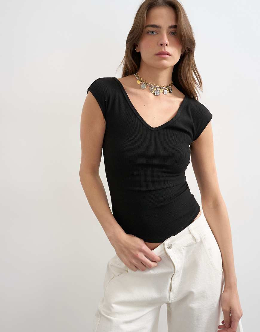 Topshop rib v-neck cap sleeve tank in black | ASOS (Global)