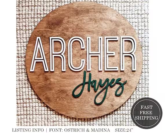 Round wood nursery name sign 24", name sign for nursery girl, boy, above crib sign  baby shower g... | Etsy (US)