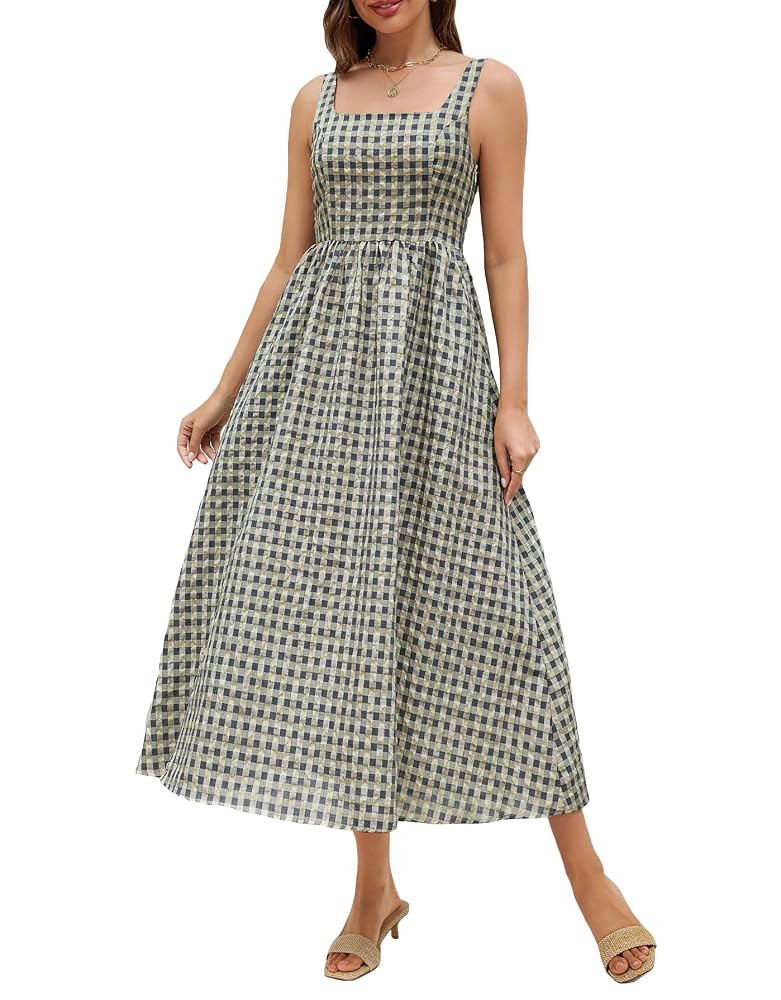 Ladyful Womens Summer Gingham Maxi Dress Spaghetti Strap A-line Checkered Long Dress Square Neck ... | Amazon (US)