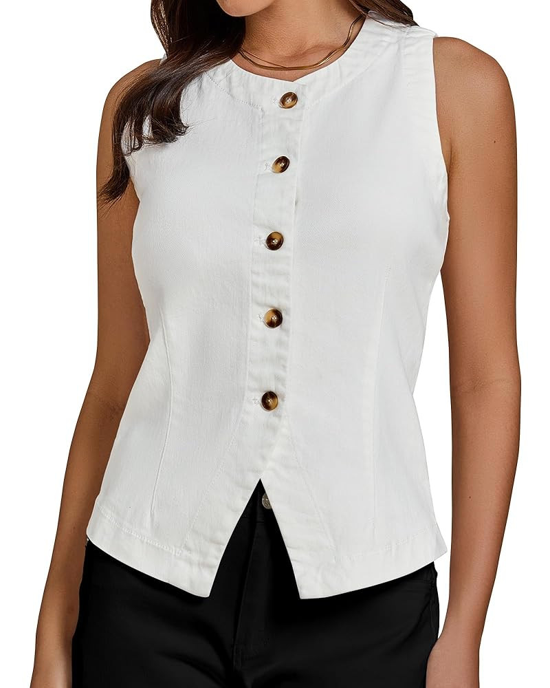 luvamia Denim Vest for Women Sleeveless Strechy Jean Vest Top Button Down Crewneck Casual Summer ... | Amazon (US)