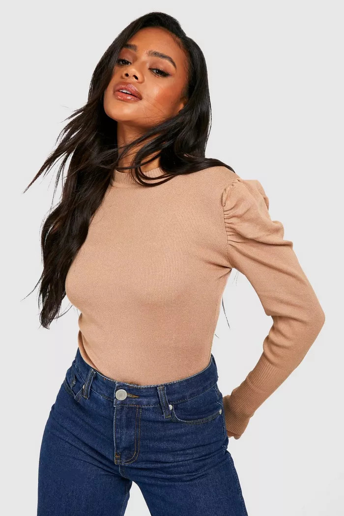 Puff Sleeve Crew Neck Knitted Bodysuit | Boohoo.com (UK & IE)