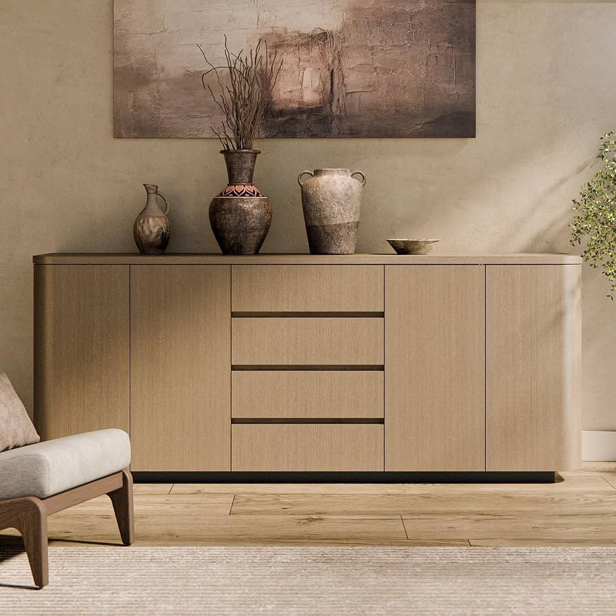 Homsee 86.6-inch Solid Frame Sideboard Buffet, 4 Doors Storage Cabinet with Drawer, Cupboard with Curvy Corners, Coffee Bar Table Wood Credenza for Living Room Dining Room, Natural Oak | Amazon (US)