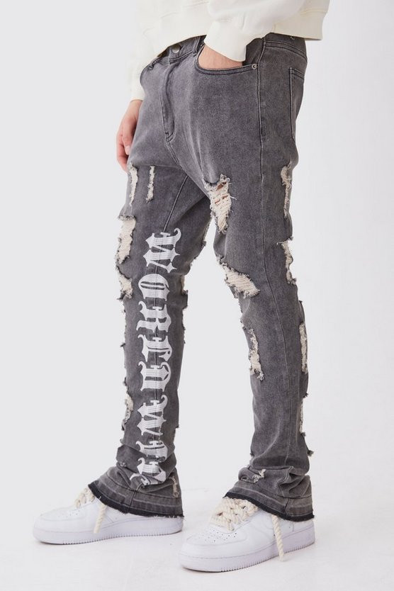 Skinny Stretch Stacked Distressed Embroidered Gusset Jeans | boohooMAN (US & Canada)