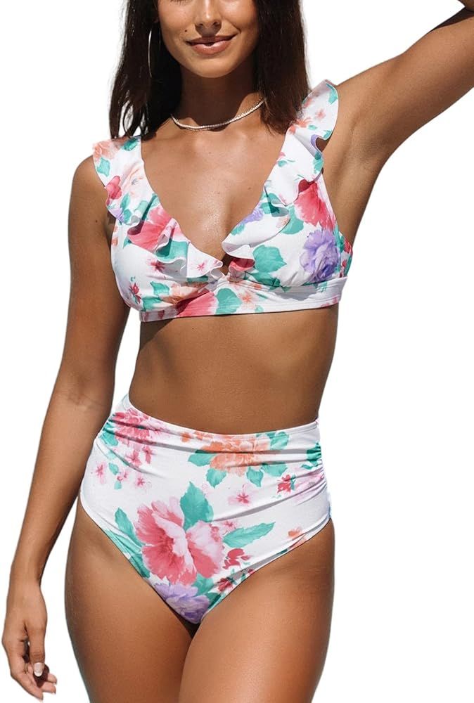 CUPSHE Women Bikini Set 2 Piece Swimsuit Ruffle V Neck Back Tie Floral Mid Waisted Bottom | Amazon (US)