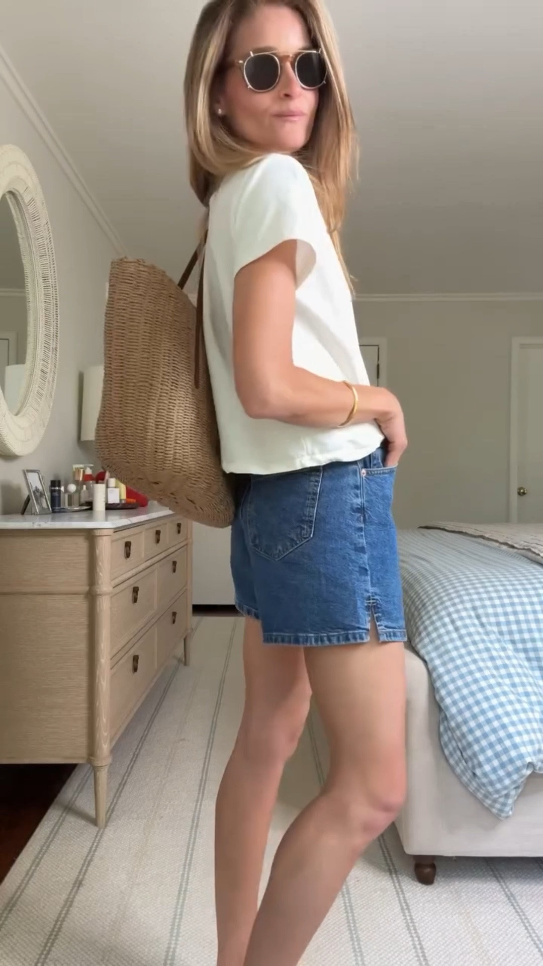 Stop stressing about perfectly curated outfits every single day. Most days a simple, classic outfit formula is exactly what we need (especially in the rush of the morning). A crisp white tee, great denim shorts, neutral sandals, a simple necklace and a fun pair of sunnies for added interest hits every single time ☕ 

💫 These denim shorts are such a good find — a great wash, the perfect length (read: long enough to bend, sit, squat and chase after your kids, without feeling matronly) a slightly A-line shape makes them flattering on the leg and a little stretch so they fit like a glove and feel comfortable all day. & the best part is they ring in right under $30 🍒 Add a crisp white tee (this is a new fav!), a simple necklace, neutral slide sandals and a great pair of sunnies and you have an easy summer outfit that feels effortless and cool. Love an oversized bag and this one is a summer staple - great for the beach and everyday running errands.

❤️ Follow if you’re looking for easy everyday outfit inspiration! 

#ootd #outfitoftheday #everydaystyle #weekendstyle

#LTKgrwm #LTKootd #LTKSeasonal