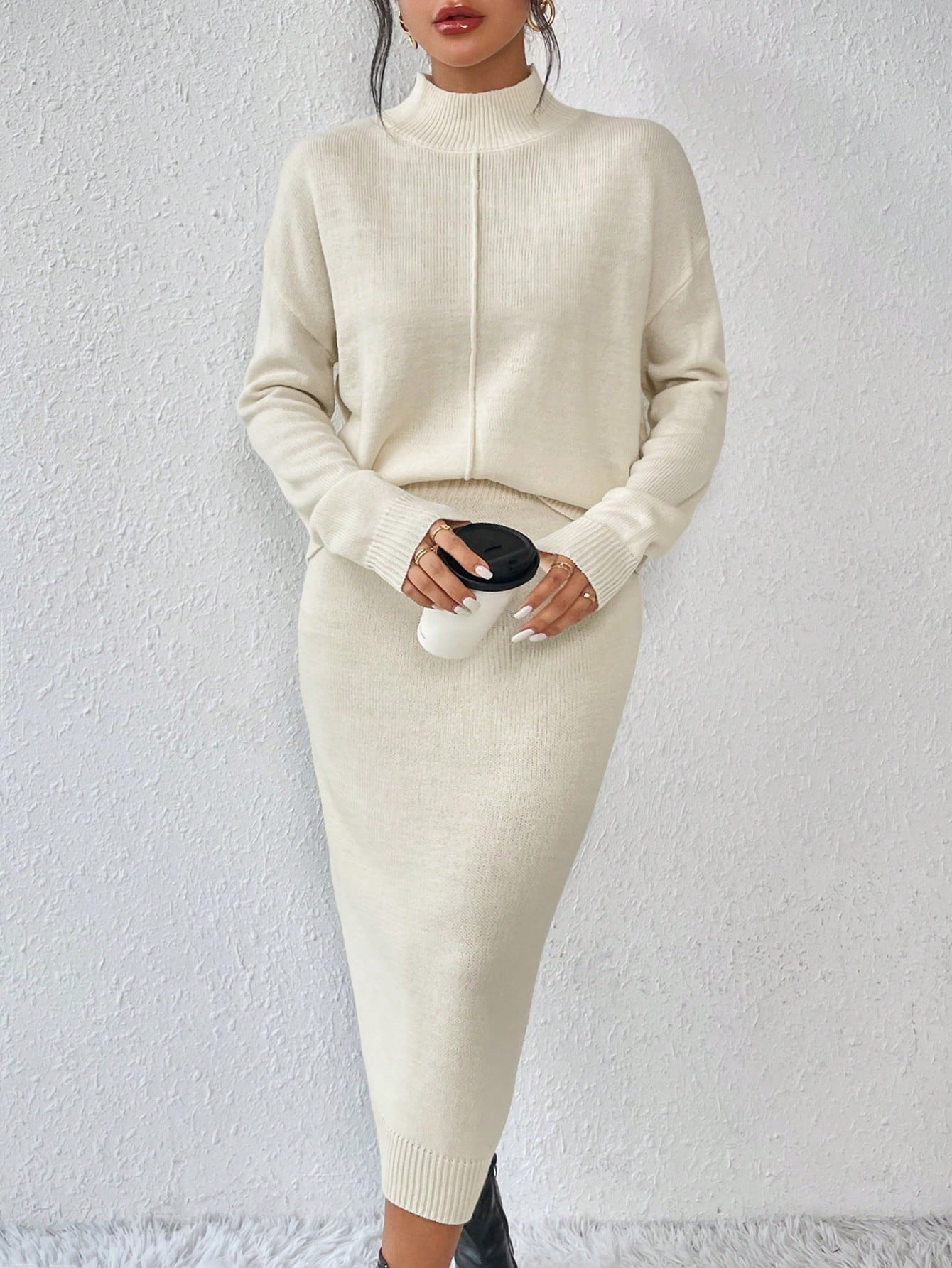 SHEIN Privé 2pcs Women's Minimalist Stand Collar Drop Shoulder Long Sleeve Sweater And Long Pant... | SHEIN