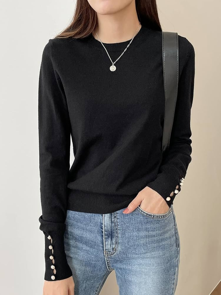 Women's Sweater Button Cuff Round Neck Sweater Sweater for Women (Size : Large) | Amazon (US)