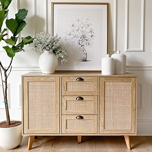 PHI VILLA Rattan Cabinet - Sideboard Buffet Cabinet/Accent Cabinet with Doors and Drawers, Rattan... | Amazon (US)