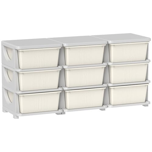 Qaba 3 Tier Kids Storage Unit, Toy Organizers and Storage with 9 Drawer Chest for Kids Bedroom Nursery Kindergarten Living Room for Boys Girls Toddlers, Cream White | Amazon (US)
