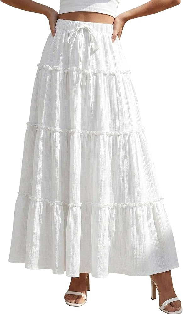 DERAX Womens Boho Maxi Skirt Flowy Ruffle Tiered Elastic High Waisted A Line 2026 Spring Summer B... | Amazon (US)