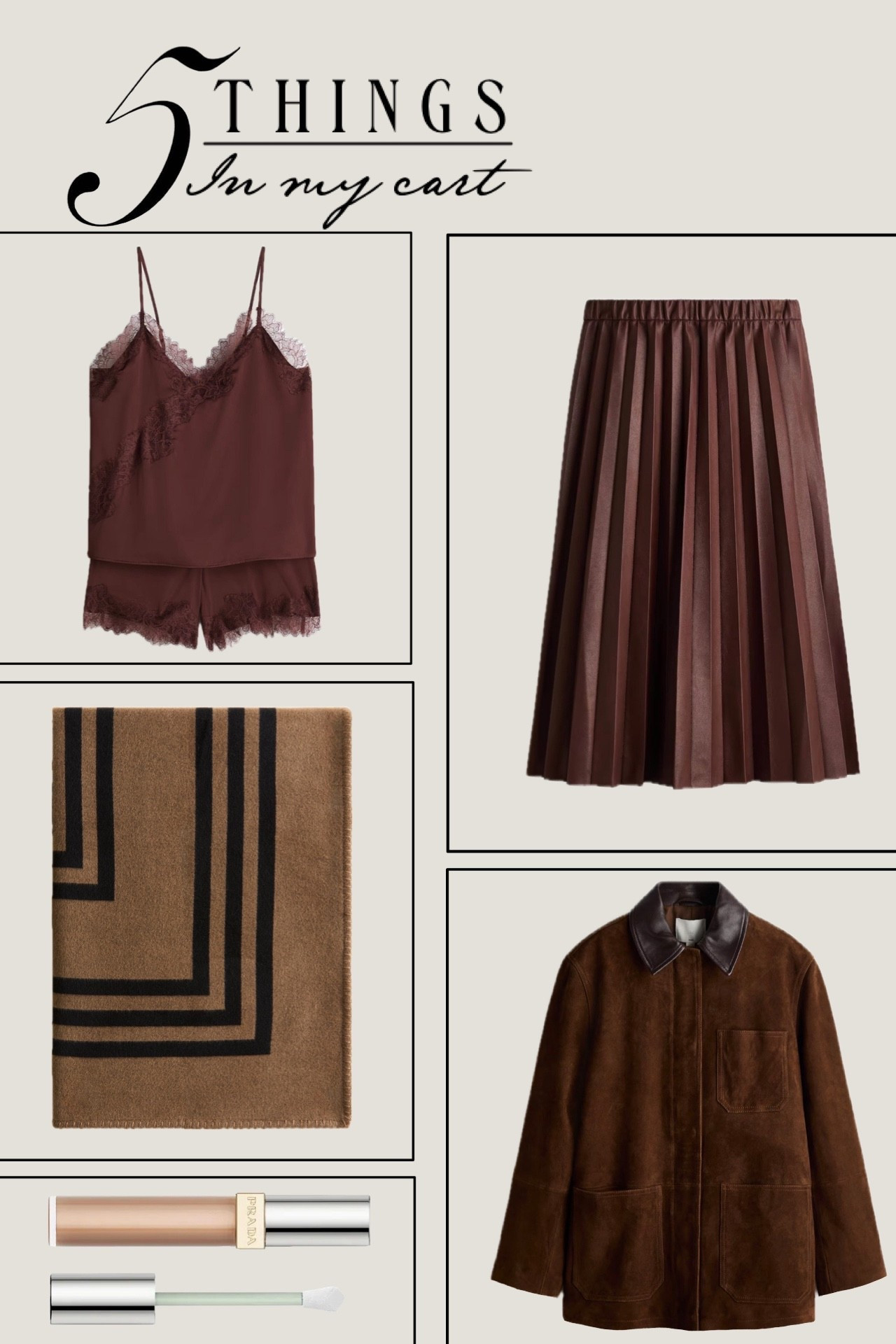 Five things in my cart 🤎

#skirt #pajamas #blanket #coat #pradabeauty 



#LTKootd #LTKHome #LTKWorkwear