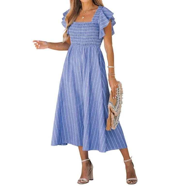 CUPSHE Women's Square Neck Striped Smocked Dress Ruffled Cap Sleeves Dress A Line Maxi Formal Dre... | Walmart (US)