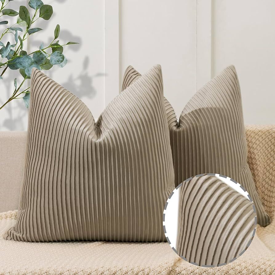 YCOLL Khaki Pillow Covers 20x20 Set of 2 Velvet Striped Pattern - Soft Throw Pillows for Home Dec... | Amazon (US)