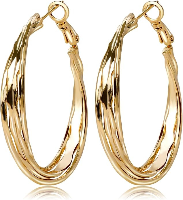 Golden Hoop Earrings For Women The Twisted Close-Fitting Hoop Shape Is Crafted With Gold-Plated M... | Amazon (US)