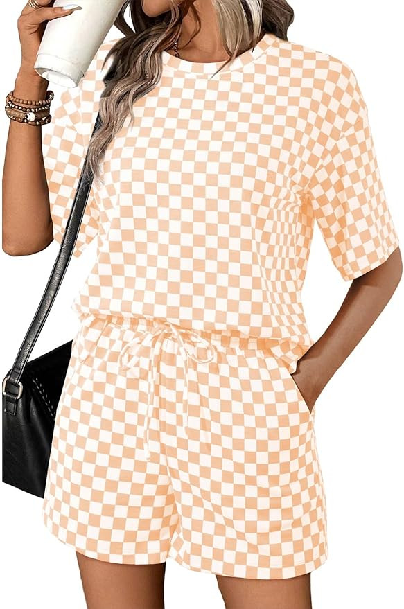 SHEWIN Women's Plaid 2 Piece Short Sets 2026 Lounge Beach Travel Vacation Outfits Matching Shorts... | Amazon (US)