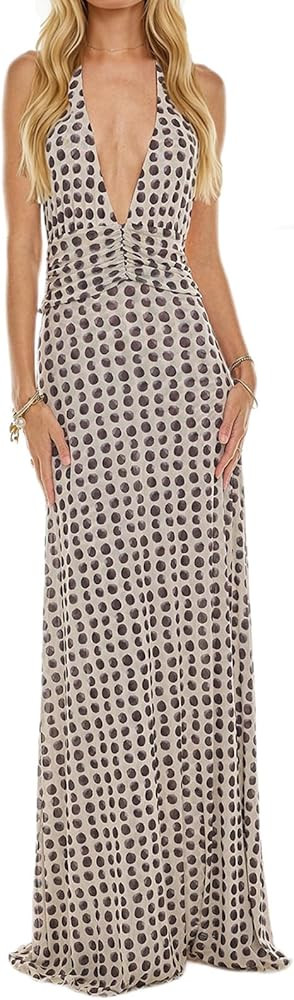 Womens Halter Floral Maxi Dress Deep V Neck Backless Bodycon Long Dresses Y2k Formal Cocktail Goi... | Amazon (US)