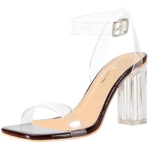 Heels Charm Women's Clear Chunky Block Heeled Sandals 3.74 Inches Open Toe Ankle Strap Block High Heel Sandal Dress Dancing Sandals Daily Work Party Shoes Brown Size 8.5 | Amazon (US)