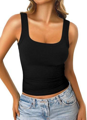 Womens Tank Tops Scoop Neck Sleeveless Ribbed Tank Summer Basic Thick Strap Slim Fitted Racerback... | Amazon (US)