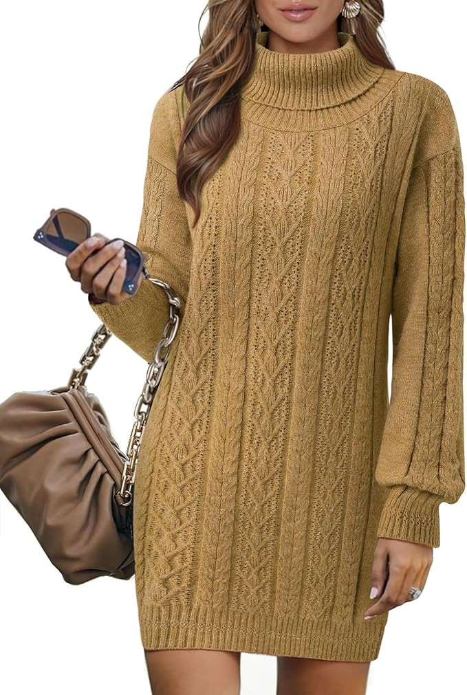 Gaharu Cable Knit Sweaters Turtleneck Pullover Mini Sweater Dress | Amazon (US)