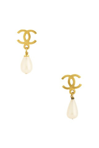 Chanel 1995 CC Pearl Clip-On Earrings in Metallic Gold | FWRD 