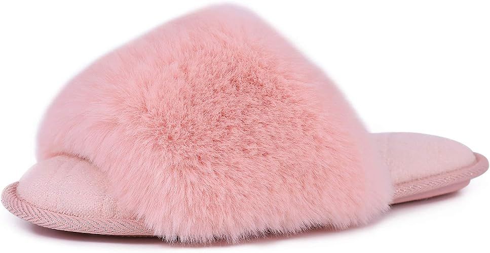 LongBay Women's Fuzzy Faux Fur Memroy Foam Flat Spa Slide Slippers Open Toe House Shoes Sandals | Amazon (US)
