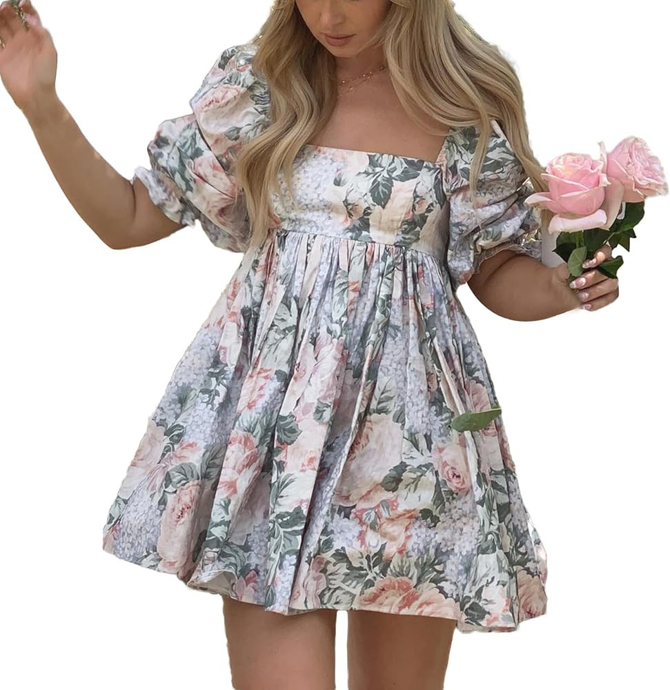 Women Mesh Mini Puffy Dress Square Neck Bubble Sleeves Tulle Short Dresses High Rise Flowy Organz... | Amazon (US)