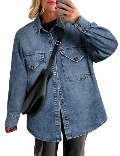 Amazon.com: POTILI Women's Oversized Denim Shirt Long Sleeve Boyfriend Jean Jacket Button Down Bl... | Amazon (US)