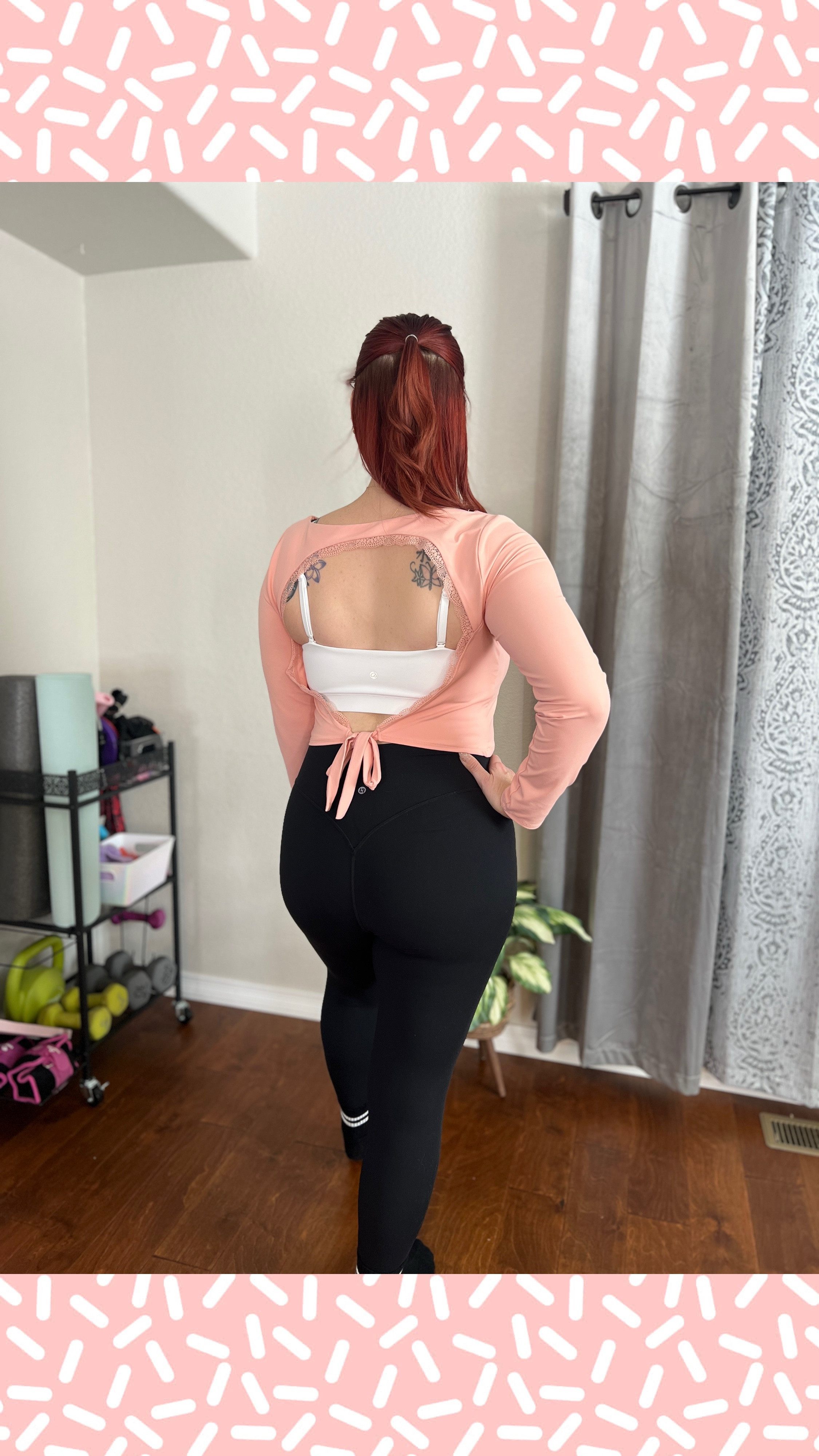 🎀Open back, lace trimmed long sleeve top, wearing a large 
✨Squat proof, super soft leggings, wearing a large
🩰 white adjustable sports bra, wearing a large 
💕 grippy socks 

Cute Pilates day outfit ✨

#LTKMidsize #LTKFitness #LTKActive