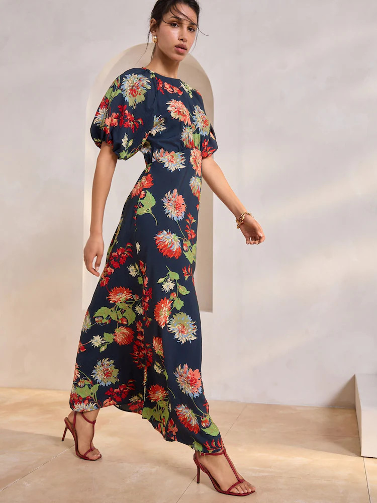 Navy Blue Floral Puff Sleeve Midi Dress | Next US
