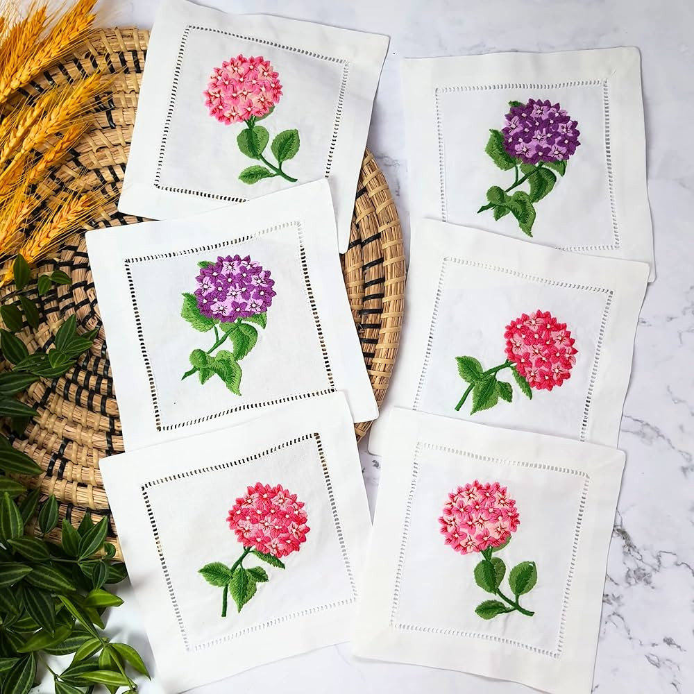 HCRAFT Embroidered White Cocktail Napkins 6"x6" Set of 6 Cloth Napkin Coasters, Mix Hydrangea Emb... | Amazon (US)