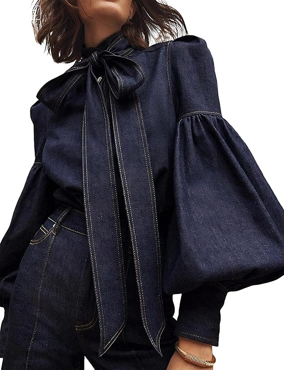 oshoplive Womens Denim Blouse Pullover Bow Embellished Long Puff Sleeve Jean | Amazon (US)