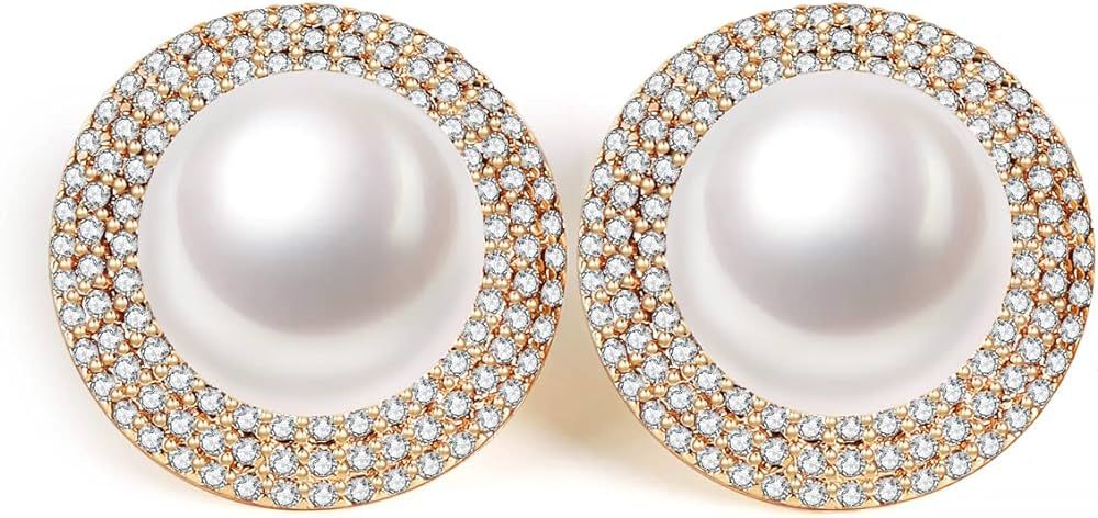 S925 Silver needles Pearl button stud earrings cultured freshwater pearl Cubic zirconia stud Earr... | Amazon (US)