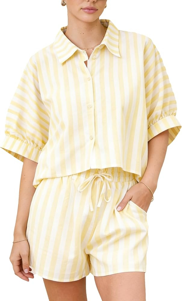 Womens 2 Piece Striped Set Short Sleeve Lapel Button Shirts Drawstring Waist Shorts Oversized Lou... | Amazon (US)