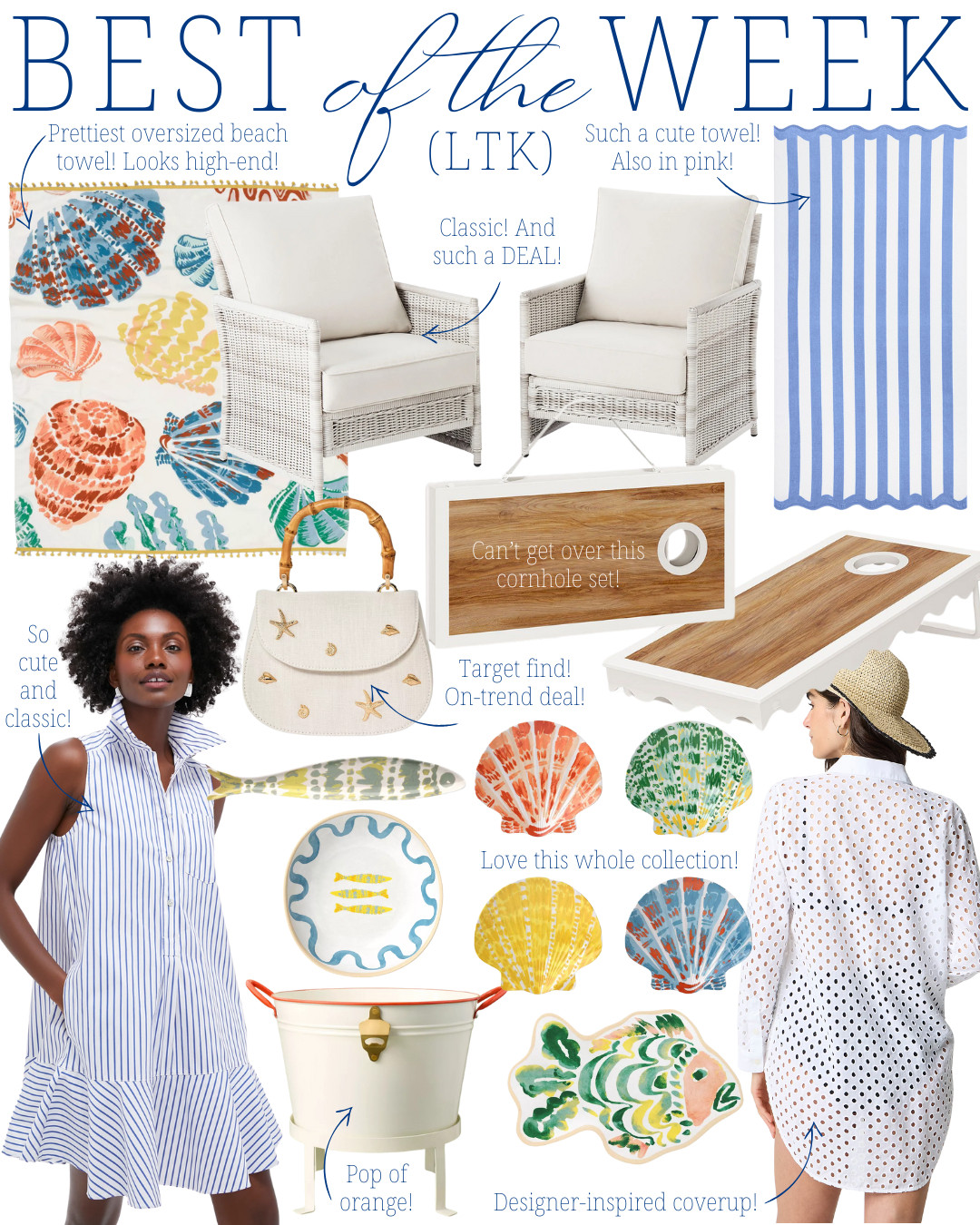 striped beach towel | oversized beach towel | coastal patio chair | white wicker chair | classic outdoor seating | neutral outdoor furniture | bamboo handle purse | seashell melamine plates | summer cornhole set | preppy summer dress | striped shirt dress | eyelet coverup | beach coverup dress | coastal entertaining essentials | beverage tub with stand | scallop shell plates | tropical fish decor | beach picnic must-haves | summer hostess gift ideas 

 #LTKSummerEdit #LTKSeasonal #LTKSaleAlert